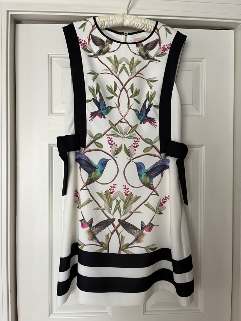 Ted Baker White Dress with Hummingbird Botanical Print and Black Trim